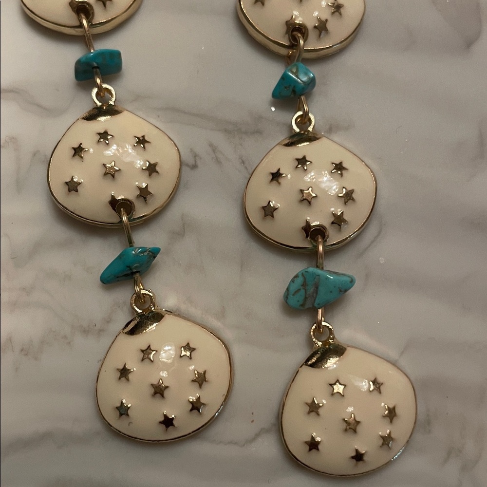 Elegant Gold and White Star Shell And Turquoise Stone Dangle Earrings - Picture 7 of 11